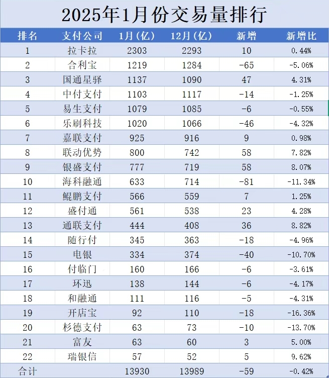 2025年1月支付公司排名